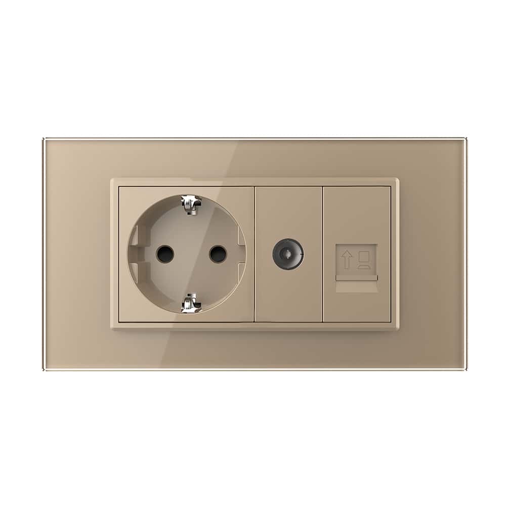 002-pr1-3.jpg Priza Dubla Livolo cu Rama din Sticla 1 Priza Schuko+TV/internet, Standard Italian - Serie Noua, auriu, VL-C9-C2EU/VC-13 - imagine 2