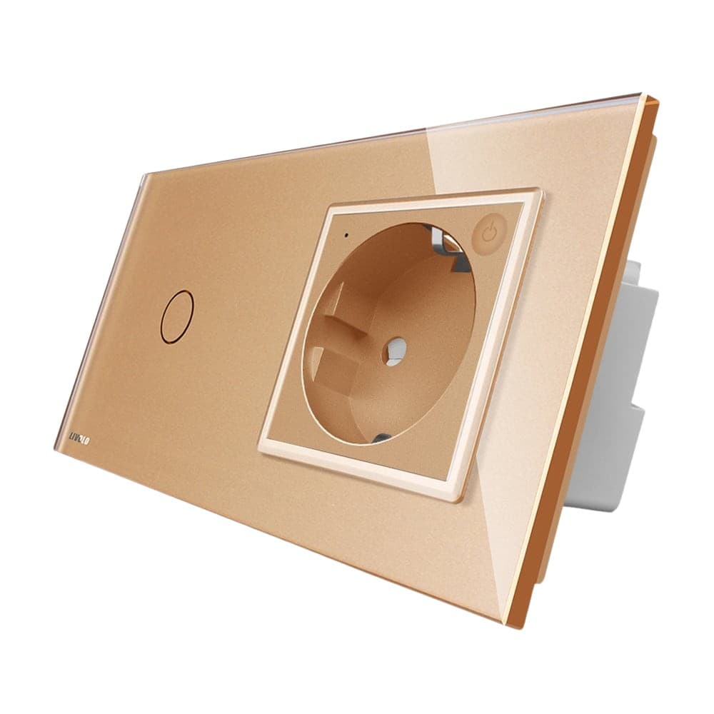 Intrerupator simplu ZigBee + priza simpla ZigBee, Livolo cu rama din sticla, Control de pe telefon, auriu, VL-C701Z/C7-C1EUZ-13