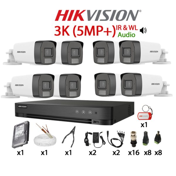 KIT 8 Camere video complet 3K, 5MP, 2.8mm, Dual Light, IR si ColorVu 40m, Microfon, DVR, HDD 1TB, Cablu, HIKVISION - KIT8CHA-8A22-TST3K5MPIRWLM