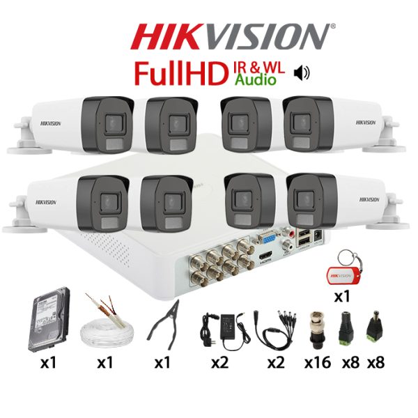 KIT 8 Camere video complet, FullHD, 2.8mm, Dual Light, IR si ColorVu 40m, Microfon, DVR, HDD 1TB, Cablu, HIKVISION - KIT8CHA-8A22-TSTFHIRWL