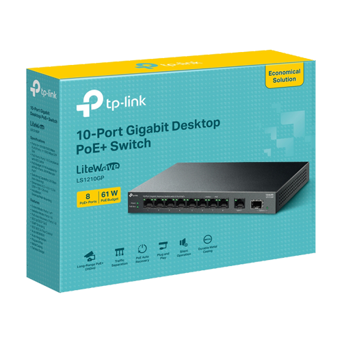 img31912large.png Switch LiteWave, 8 x RJ45 1G PoE, 1 x SFP 1G, 1 x RJ45 1G, Buget PoE 61W, Unmanaged - TP-Link LS1210GP - imagine 3