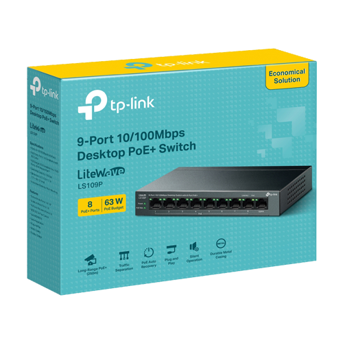 img31930large.png Switch LiteWave, 8 x RJ45 10/100 Mbps PoE, 1 x RJ45 10/100 Mbps, Buget PoE 63W, Unmanaged - TP-Link LS109P - imagine 3