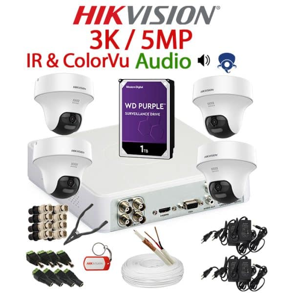 KIT 4 Camere video complet PT 5MP, 3K, 2.8mm, Dual Light, IR si ColorVu & 25m/20m, Microfon, Difuzor, DVR, HDD 1TB, Cablu, HIKVISION - KIT4CHA-4A55IRCVD4DPT-WDT1ADPT