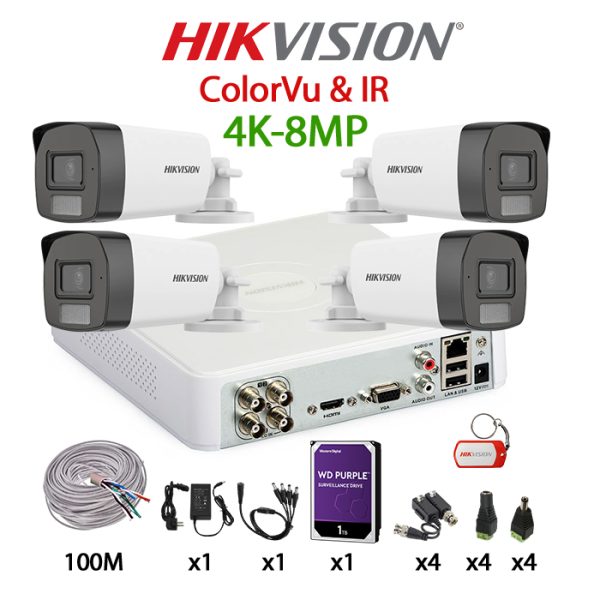 KIT 4 Camere video complet, 4K, 2.8mm, Dual Light 8MP, IR si ColorVu 40m, DVR, HDD 1TB, Cablu UTP, HIKVISION - KIT4CHAVB-4A88IRCVFH-WDT1A