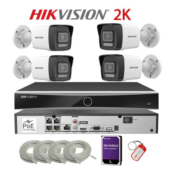 KIT 4 Camere video complet Plug&Play IP PoE 2K, 4MP Dual Light IR si ColorVu, IR 30m, WL 30m, 2.8mm, Microfon, NVR PoE, HDD 1TB, Cablu, HIKVISION - KIT4CHAHIPS2KPP-4A24IRWL-WDT1