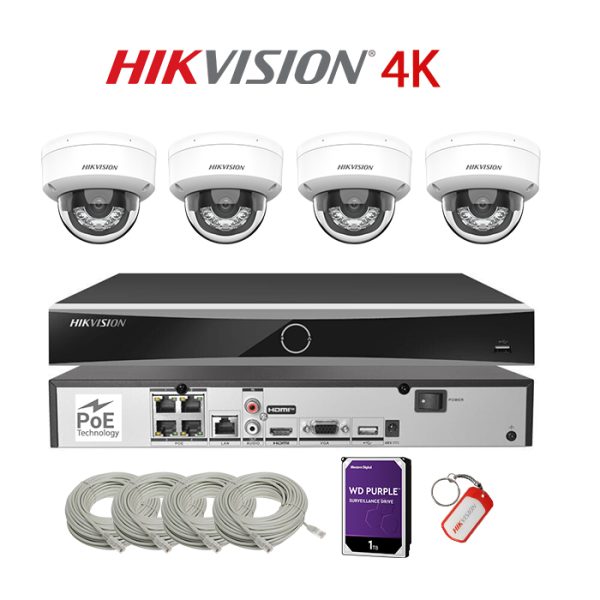 KIT 4 Camere video complet Plug&Play IP PoE 4K, 8MP Dual Light IR si ColorVu, IR 30m, WL 30m, 2.8mm, Microfon, NVR PoE, HDD 1TB, Cablu, HIKVISION - KIT4CHAHIPS4KPPD-4A28IRWL-WDT1D