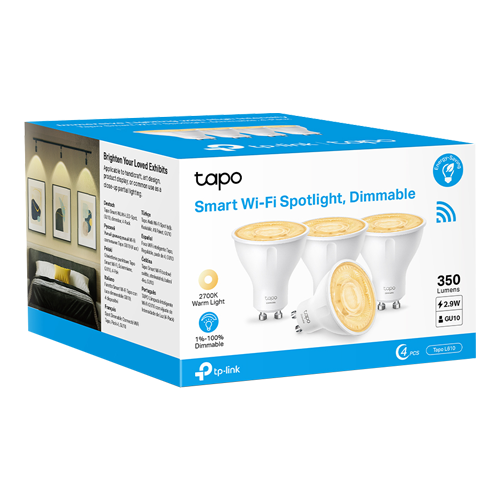 img34696large.png Set 4 becuri smart Wi-Fi, lumina calda 2700K ajustabila, 350 lm, GU10 - TP-Link Tapo TapoL610(4-pack) - imagine 2