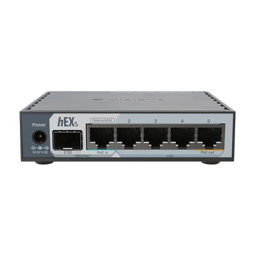Router hEX, 5 porturi RJ45 Gigabit, 1 x SFP 2.5G, 1 x PoE Out, USB, PoE In - MikroTik E60iUGS