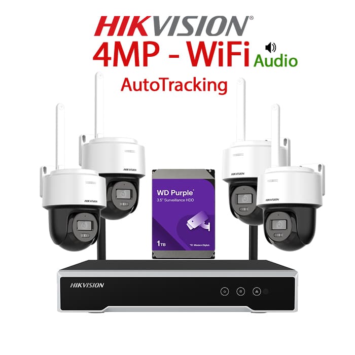 KIT4CHAHIPAPTWL-4A28WG-WDT1W KIT 4 Camere video Wi-Fi IP PT, Auto-Tracking, 4MP, 2.8mm, Mic., Difuzor, IR 25m, WL 25m, NVR, HDD 1TB, HIKVISION – KIT4CHAHIPAPTWL-4A28WG-WDT1W - imagine 1