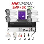 KIT 4 Camere video complet, 3K, 2.8mm, Dual Light 5MP, IR si Lumina alba 40m, Audio, Microfon, DVR, HDD 1TB, Cablu, HIKVISION - KIT4CHAR-A4A66IRCV-WDT1AR