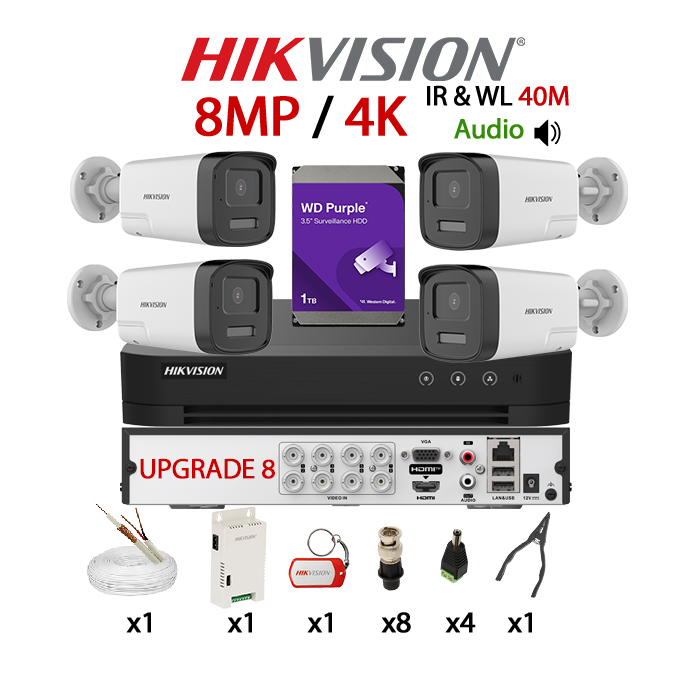 KIT 4 Camere video cu upgrade la 8, 4K, 2.8mm, Dual Light 8MP, IR si WL 40m&40m, Audio, Mi