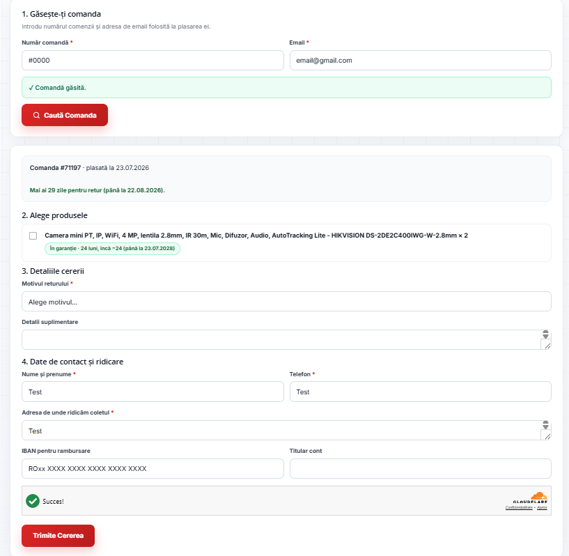 Formular de înregistrare retur FluxOne — exemplu pas cu pas